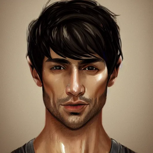 Image similar to portrait of a man by Artgerm, he is about 30 years old, short black hair with bangs, his features are a mix between French, Turkish and Russian and he is wearing a beige and black utility jumpsuit, highly detailed portrait, digital painting, artstation, concept art, smooth, sharp foccus ilustration, Artstation HQ