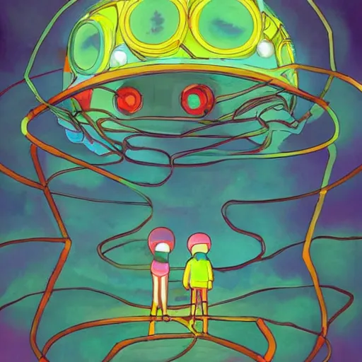 Prompt: a dream machine connected to a boy with a helmet and electric cable by vanessa morales, studio ghibli, vibrant color, bioluminescent