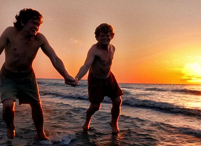 Prompt: gollum and samwise gamgee on a beach, holding hands, smiling, sunset, ultra realistic, cinematic