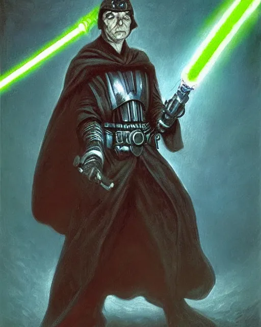 Prompt: portrait of Rosie O’ Donnel with lightsaber as a powerful dungeons and dragons warlock, wearing dark robe, intricately detailed, lovecraftian, realistic, oil painting, by jeff easley, boris vallejo, cinematic lighting