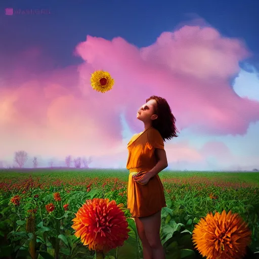 Image similar to giant dahlia flower head, full body girl standing in a flower field, surreal photography, sunrise, dramatic light, impressionist painting, colorful clouds, digital painting, artstation, simon stalenhag