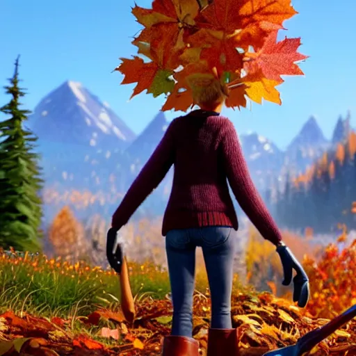 Prompt: a stopmotion animation character, a beautiful canadian woman, gardening, very attractive, messy dark grey hair, striped sweater, tight denim jeans, maroon doc marten boots, canadian maple leaves blowing about, mountains, autumn, unreal engine 5, 8 k, kubo and the two strings, disney, pixar,