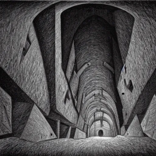 Prompt: a realistic horrible creature standing at the end of an abandoned mine, long tunnel, dream like atmosphere by M.C. Escher ,