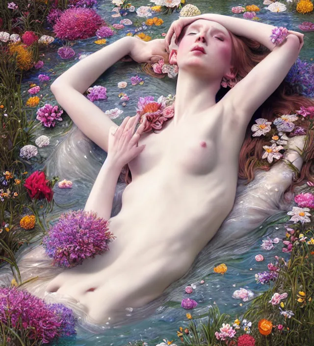 Prompt: baroque portrait of a icelandic princess of porceline skin, full body floral tattoos lying down in a river made of thousand of flowers, cinematic lighting, photorealistic, octane render, 8 k, depth of field, art by artgerm and greg rutkowski and alphonse mucha and uang guangjian