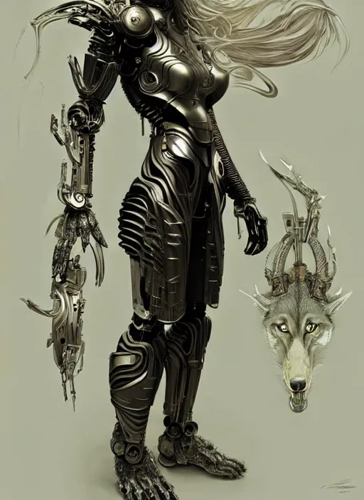 Image similar to organic cyborg wolf, full body, diffuse lighting, fantasy, intricate, elegant, highly detailed, lifelike, photorealistic, digital painting, artstation, illustration, concept art, smooth, sharp focus, art by John Collier and Albert Aublet and Krenz Cushart and Artem Demura and Alphonse Mucha