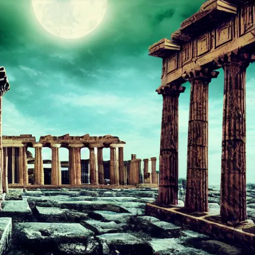 Image similar to Cinematic view of ancient fantasy walls with greek architecture surrounded by vast desert; fantasy art