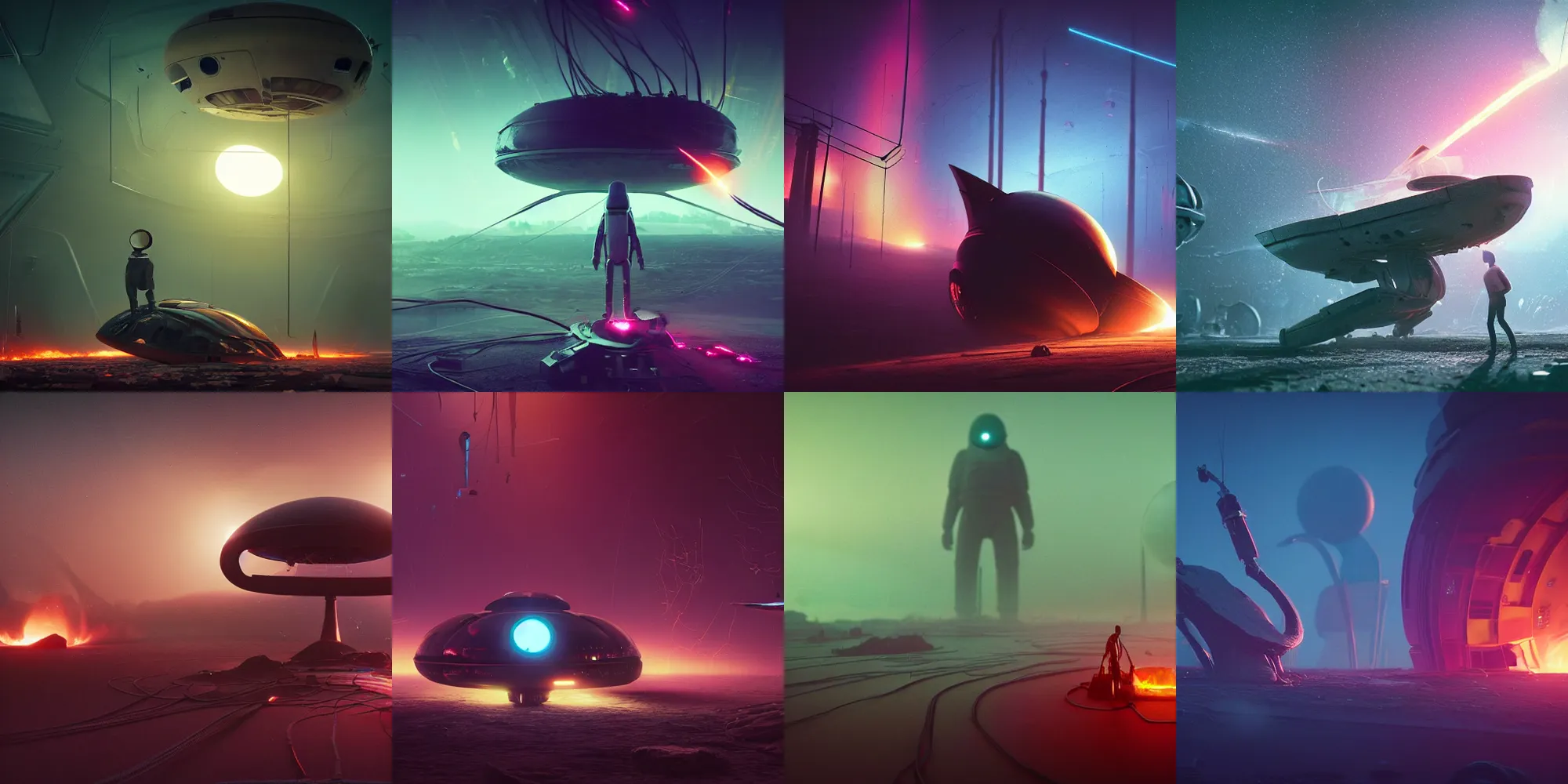 Prompt: crashed wrecked alien spaceship spacecraft on fire smoke, cables and wires, spaceman standing looking, beautiful dark landscape, in the style of beeple and mike winkelmann, intricate, epic lighting, cinematic composition, hyper realistic, 8 k resolution, unreal engine 5, raytracing, ultraviolet colors,
