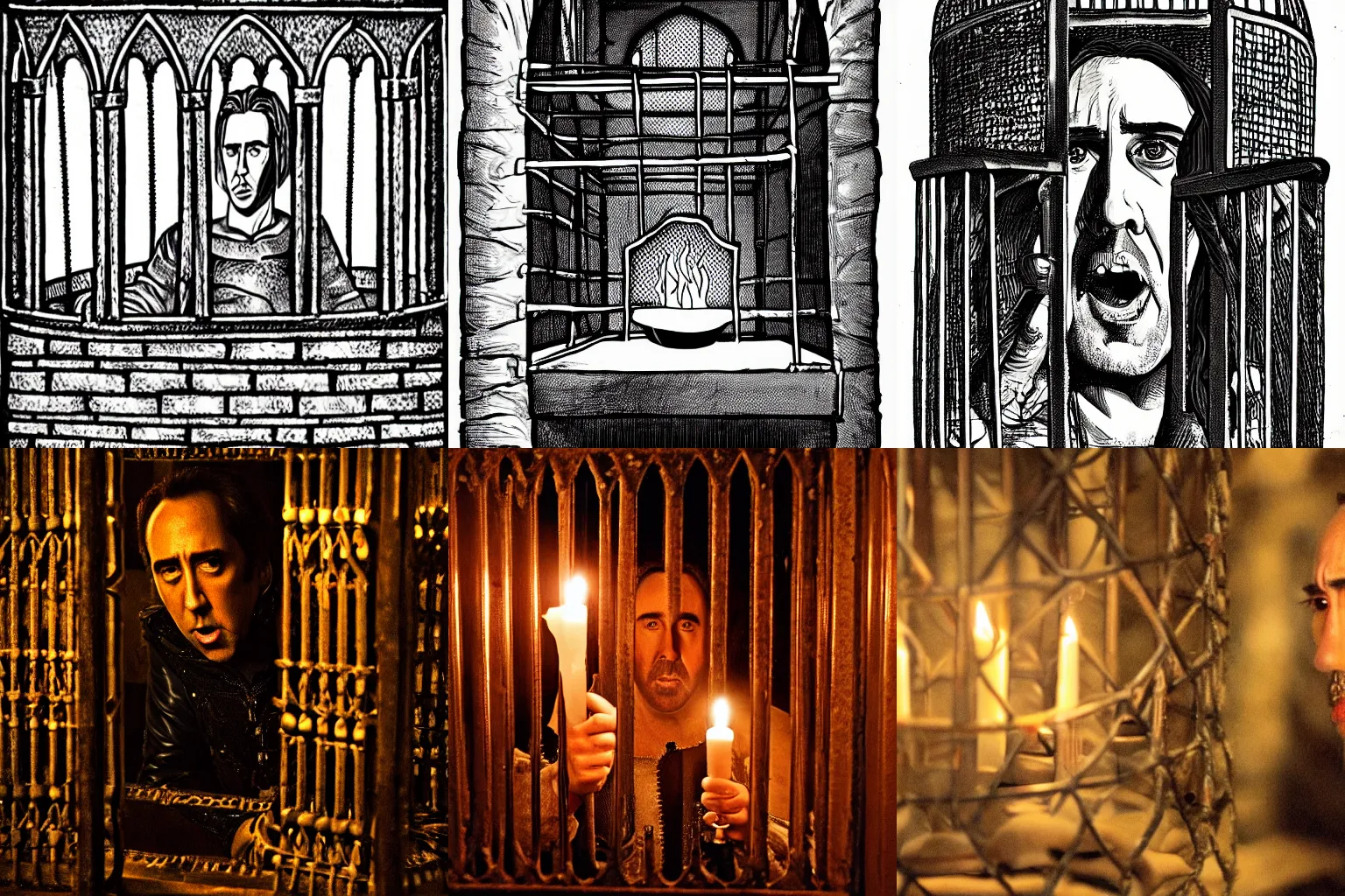 Prompt: nicholas cage inside of a cage, medieval, high contrast, highly detailed, candlelight