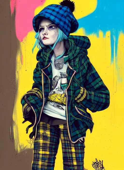 Image similar to highly detailed portrait of a sewer punk lady student, blue eyes, tartan hoody, hat, white hair by atey ghailan, by greg tocchini, by kaethe butcher, by alex horley, by bruce timm, gradient yellow, black, brown and cyan color scheme, grunge aesthetic!!! ( ( graffiti tag wall ) )