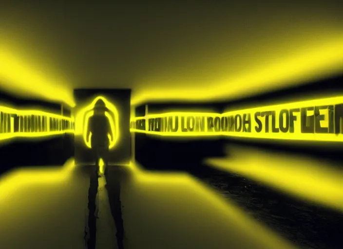 Prompt: man in a luminous yellow [ liminal room ]!!, 4 k photorealism, horror - esque, eerie atmosphere, dark - bright lighting