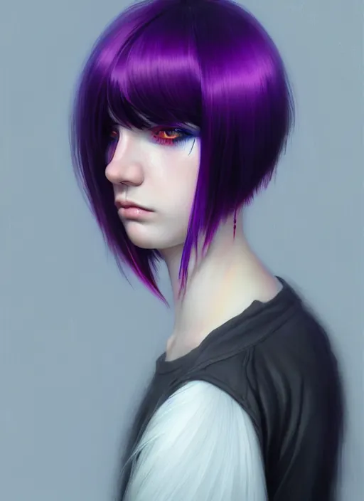 Image similar to hair whitebangs hair, black hair, whitebangs, portrait of teenage girl with white bangs, red irises, purple clothes, white bangs, bangs are different color from hair, intricate, elegant, glowing lights, highly detailed, digital painting, artstation, concept art, smooth, sharp focus, illustration, art by wlop, mars ravelo and greg rutkowski