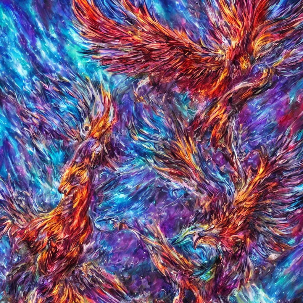 Prompt: phoenix rising up from the ashes, fantasy art, ultra realistic, purple red blue colors, in a huge nest of jewels