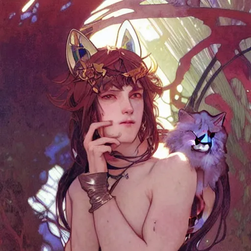 Image similar to Portrait of a pretty fantasy catboy with cat ears. Art by Greg Rutkowski and Alphonse Mucha