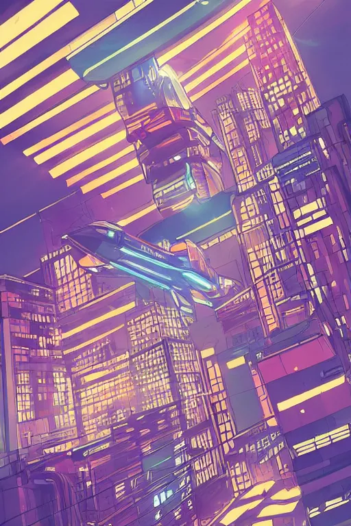 Image similar to cyberpunk buildings with a flight vehicle glowing in the sky, neon sign, bottom view ， bladerunner, pixiv