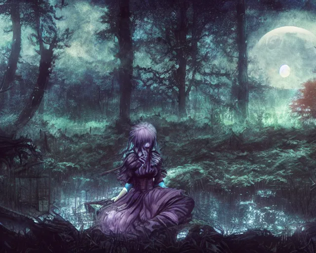 Image similar to goth woman in a moonlight view, in a forest, a river, tankoban, 4 k, tone mapping, akihiko yoshida, james jean andrei riabovitchev marc simonetti, yoshitaka amano, long hair, curly, h. hydrochaeri