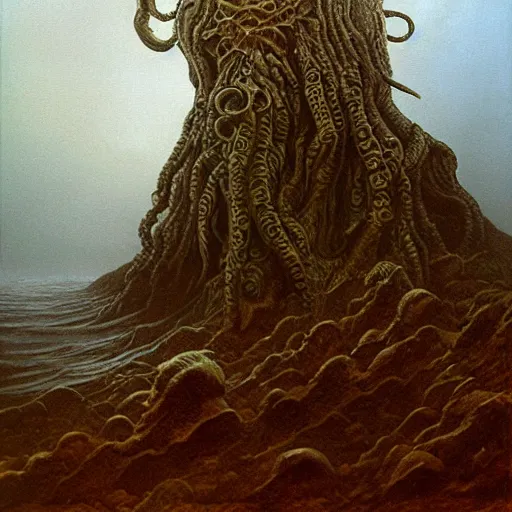 Prompt: A beautifully detailed and creative painting of Cthulhu, by H.P. Lovecraft, surrounded by a stormy sea, by Zdzislaw Beksinski , trending on artstation, gothic, horror