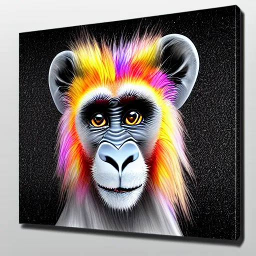 Prompt: portrait of a cute fluffy baby monkey with giraffe spots and long colorful flowing lion mane with mohawk hairstyle hybrid animal detailed painting 4 k