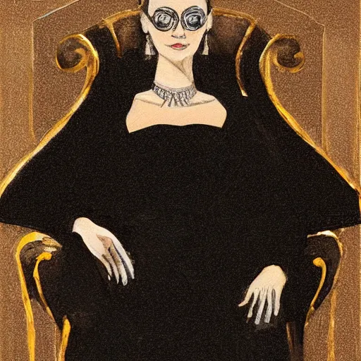 Image similar to an illustration of a queen wearing a beautiful black dress on a simple stone throne by john hawe, realistic, detailed, oil painting