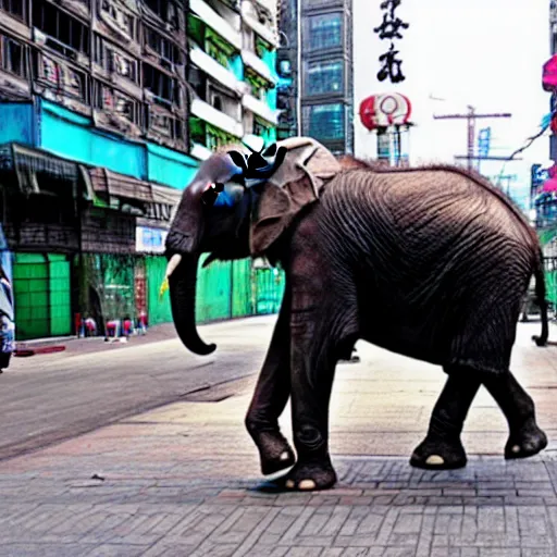 Prompt: an elephant on the streets of shanghai, cyberpunk, futuristic