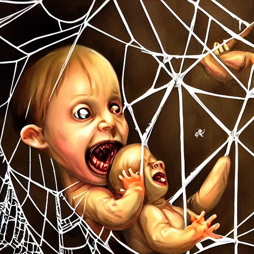 Image similar to Horror spider eating a human baby in its web realistic painting ultra detailed horror UHD 4k