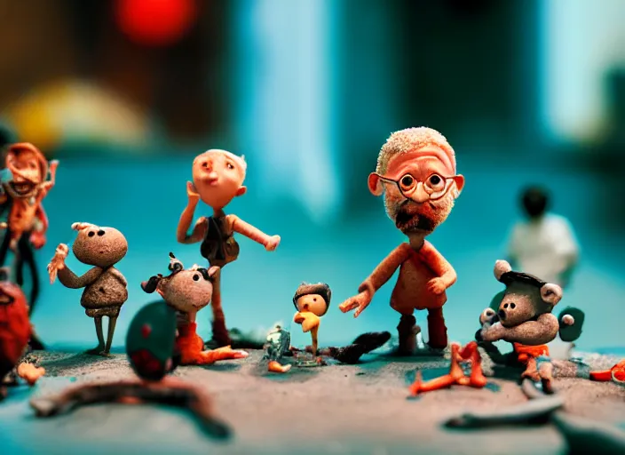 Image similar to cinematic screenshot of a stop motion claymation film about a wacky adventure starring george r r martin, shallow depth of field, 1 8 mm, f 1. 8