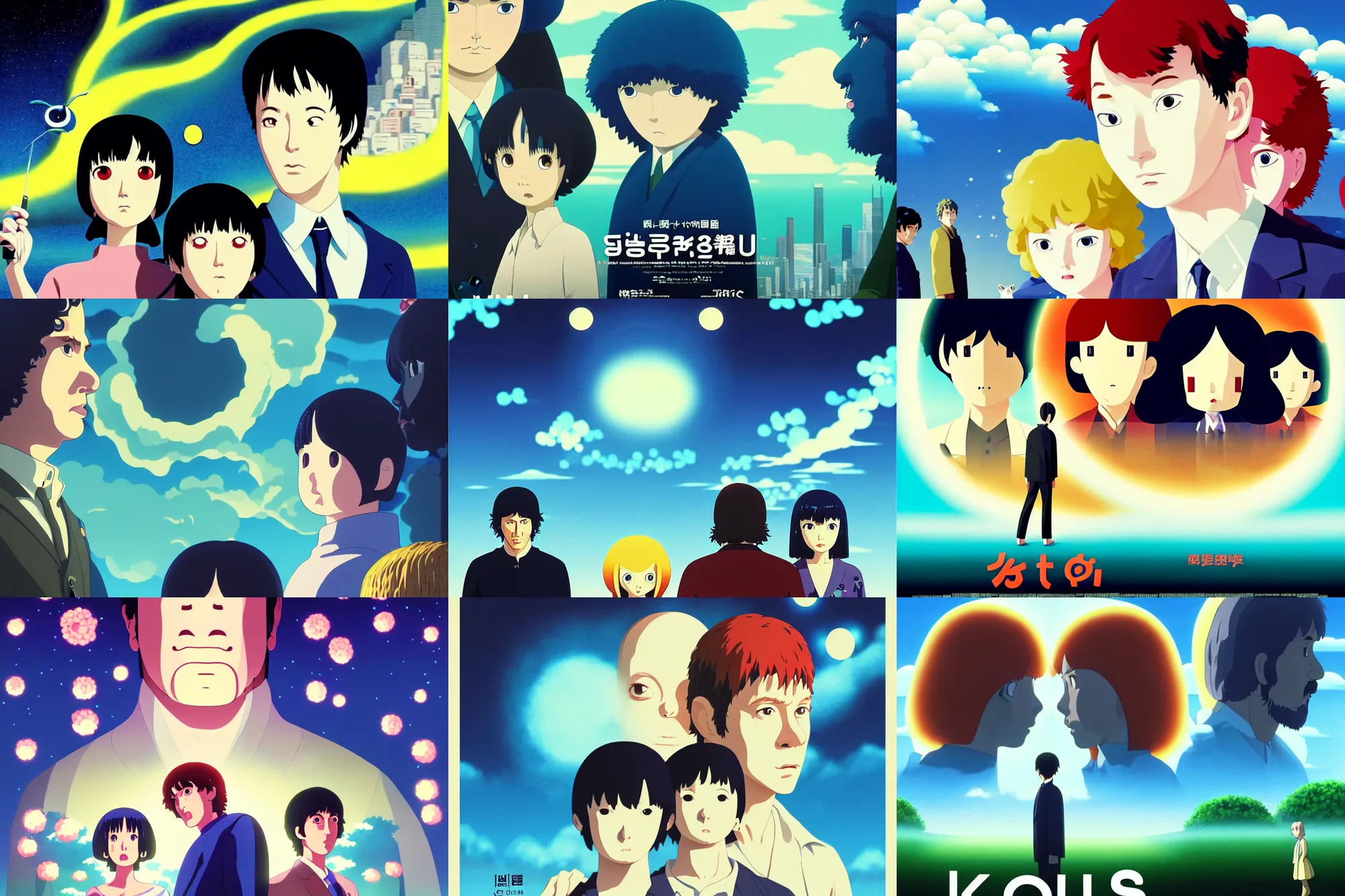 Prompt: a tv show about a tv show solving epic mysteries, Klaus Movie poster, movie still, artwork by Chiho Aoshima, a oil Rendering illustration of a cinematic beautiful closeup moment of three friends standing facing toward their love, full of details, full view, Matte painting, trending on artstation, Mamoru hosoda