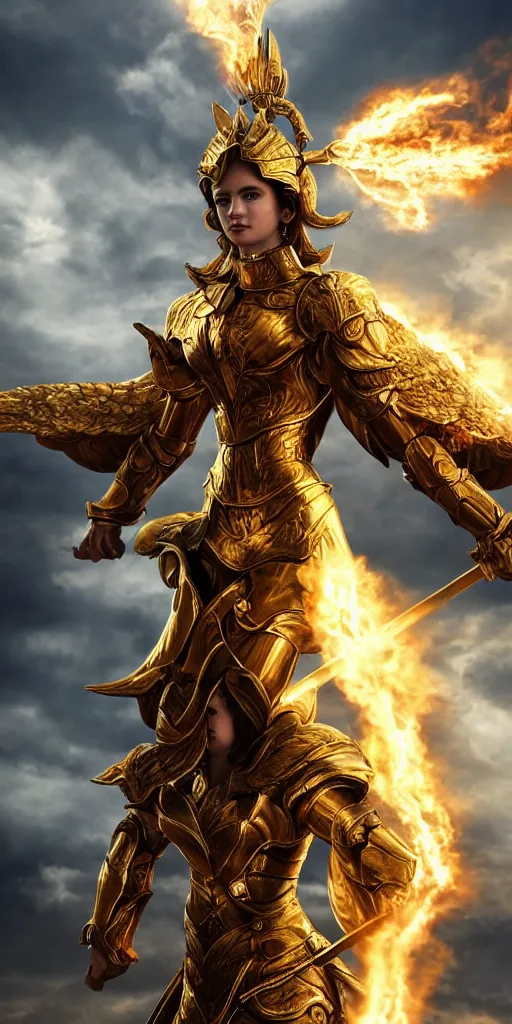 Prompt: full-body shot of a beautiful woman in golden angelic battle armor and wielding a flaming sword, among the clouds, cinematic, epic, 4k, realism