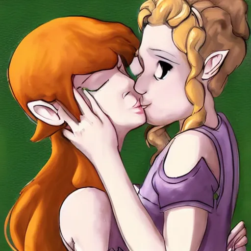 Image similar to female link and malon kissing, concept art