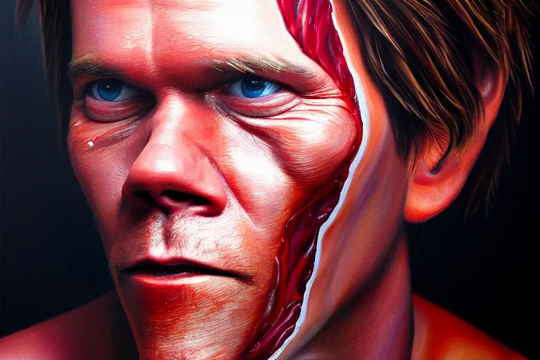 Image similar to an ultra realistic painting of kevin bacon, bacon rasher wrapped around his face, 8 k, cinematic, movie still