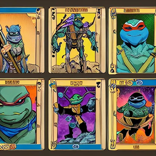Prompt: The full set of tarot cards in the style of ninja turtles, hyperrealistic, highly detailed, depth of field, High definition, 8k, octane render, artstation