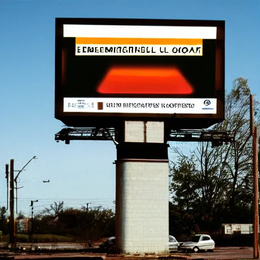 Prompt: ominous emergency warning broadcast on a billboard, 8 0 mm color film