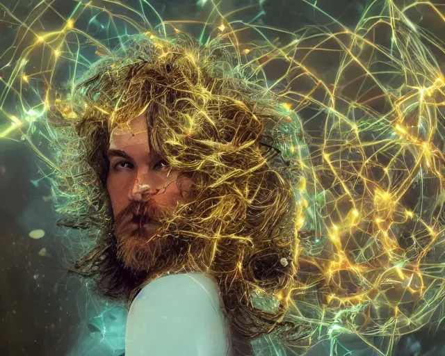 Image similar to glowing hair, complex cybernetic beings, beautiful hairy humanoids, cybermagnetosphere, cybernetic civilizations, ornate hair, love, joy, vortexes, large arrays, data holograms, 8 k, cinematic light shadows, wet hdr refractions, *, * * *, * * * * *