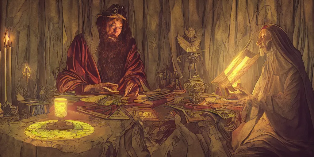 Image similar to wizard performing a tarot reading, cards, fantasy, digital art, soft lighting, 8 k