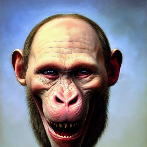 Image similar to a portrait of anthropomorphic vladimir putin similar monkey putin face, vladimir putin transformation monkey anthropomorphic hybrid, macabre, horror, by donato giancola and greg rutkowski and wayne barlow and zdzisław beksinski, realistic face, visible face, digital art, artstation, symmetry