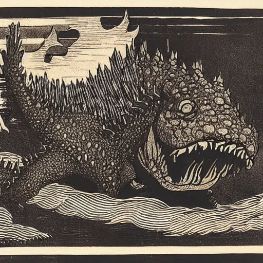 Prompt: 19th century woodcut, godzilla attacking tokyo