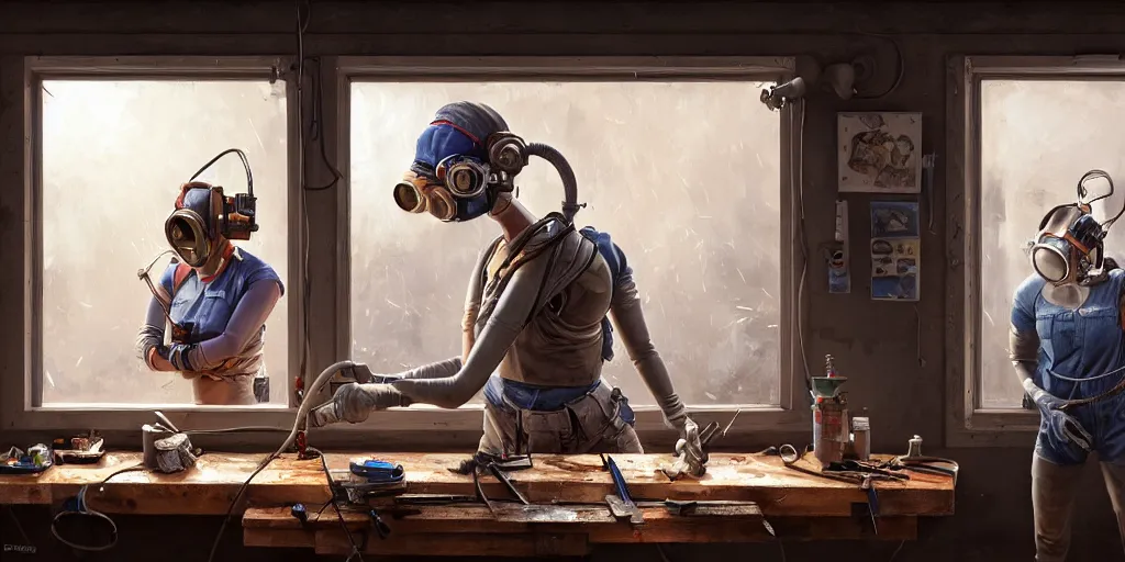 Image similar to highly detailed portrait painting of welder girl perfect symmetrical face, room mono window, workbench mess, by eddie mendoza and tyler edlin, 8 k resolution