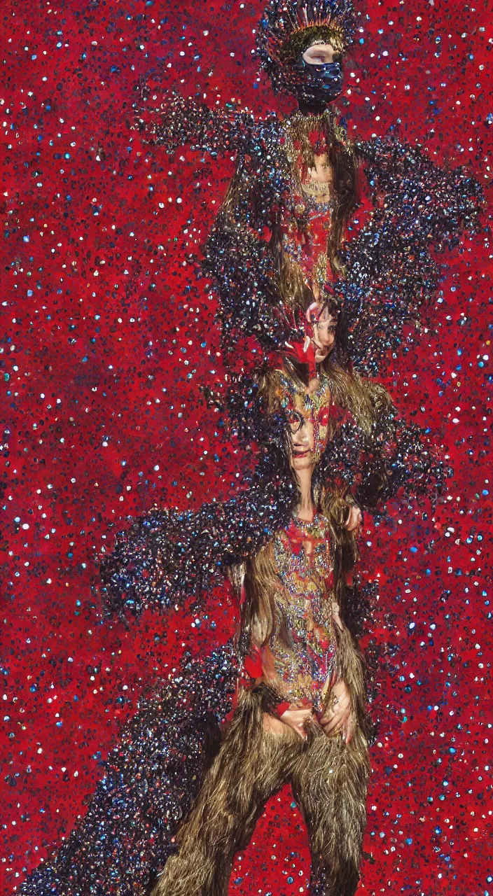 Image similar to a full - body woman character design concept art wearing a red sequined bodysuit, beads hanging over her face like an alexander mcqueen headdress, costume by eiko ishioka, haute couture by moebius, steven outram, colorful and psychedelic