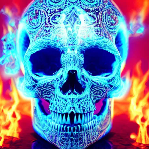 Prompt: a highly detailed human skull with intricate designs on fire in front of a neon blue background, 3 d, fire through eyes, octane render, symmetrical, hyper realism, highly detailed, digital art, artstation, concept art, cinematic lighting, strong bokeh, trending