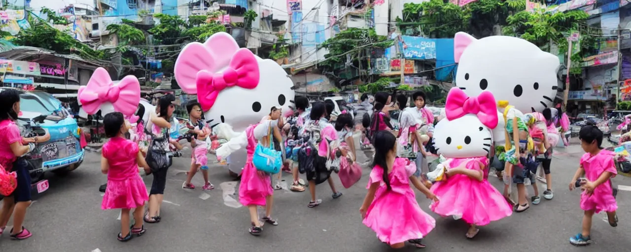 Image similar to giant hello kitty battle mechas attacking the Surabaya city, TV news, amateur photography