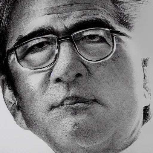 Image similar to Yoshitaka Amano realistic illustration of jeb bush ,hair fluttering in the wind, wrinkles on his face, abstract black and white patterns on the background, noisy film grain effect, highly detailed, Renaissance oil painting, weird portrait angle, blurred lost edges, three quarter view