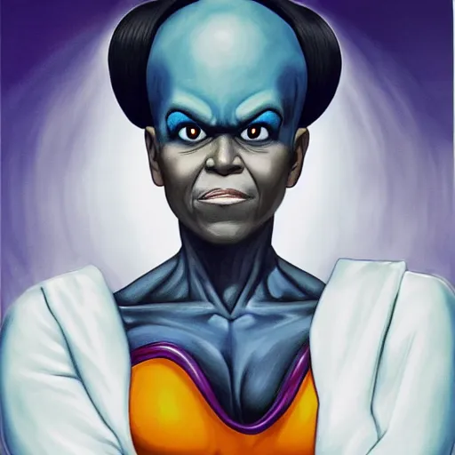 Image similar to ultra realistic portrait painting of michelle obama as frieza, art by akira toriyama, 4 k, dragon ball artstyle, cel shaded, highly detailed, epic lighting