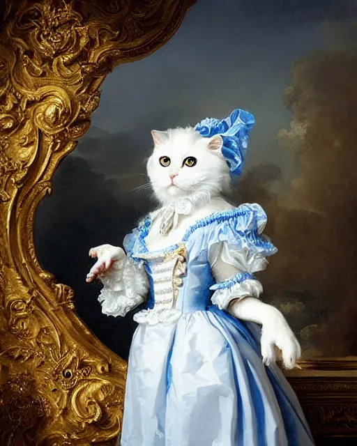 Prompt: cute white cat with blue eyes wearing frilly dress, baroque rococo fashion, royal portrait, elegant, regal, joseph ducreux, greg rutkowski