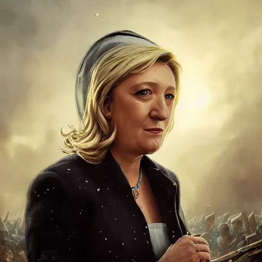 Image similar to Portrait of Marine le Pen , french revolution, heroic, amazing splashscreen artwork, splash art, head slightly tilted, natural light, elegant, intricate, fantasy, atmospheric lighting, cinematic, matte painting, detailed face, by Greg rutkowski