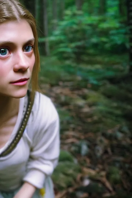 Prompt: Kodak Portra 400, 8K, highly detailed, claire danes as studio ghibli princess mononoke style 3/4 extreme closeup portrait, eye contact, focus on girl model, tilt shift zaha hadid style forest background: famous princess mononoke remake, forest scene