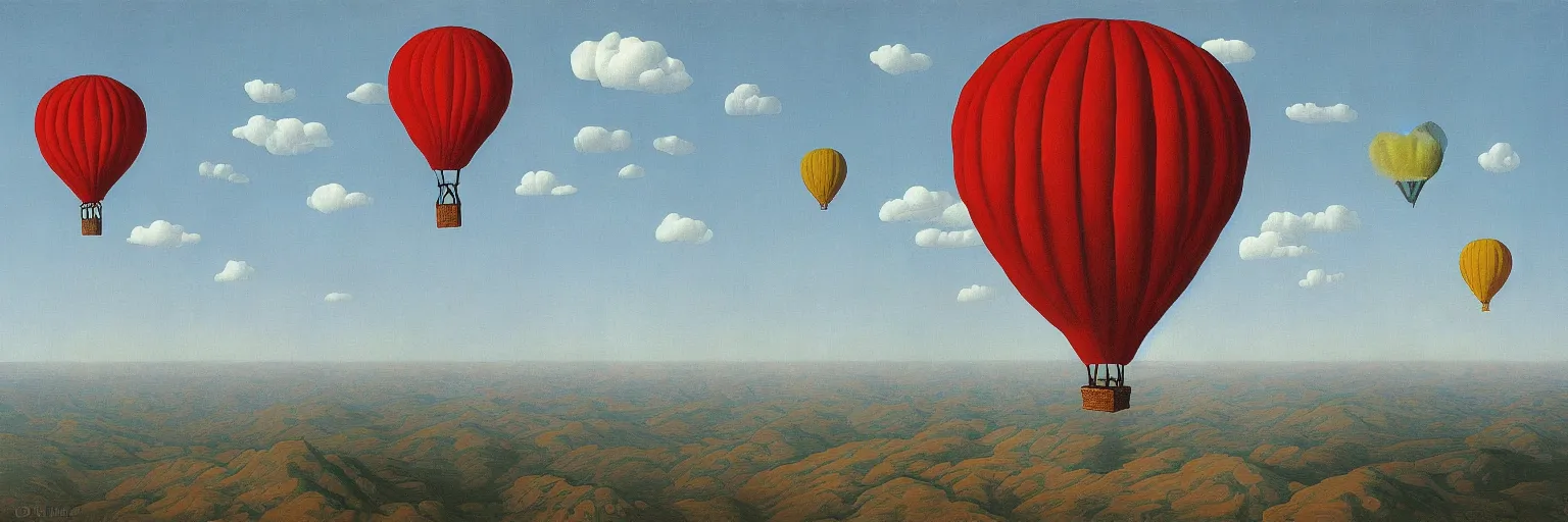 Prompt: hot air balloon painting magritte
