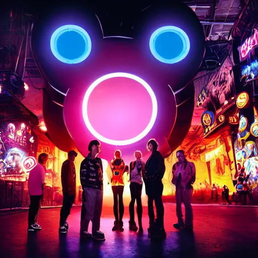 Image similar to a group of people standing around a giant cyclope mickey mouse, cyberpunk art by david lachapelle, cgsociety, dystopian art by industrial light and magic, concept art, neons, interior