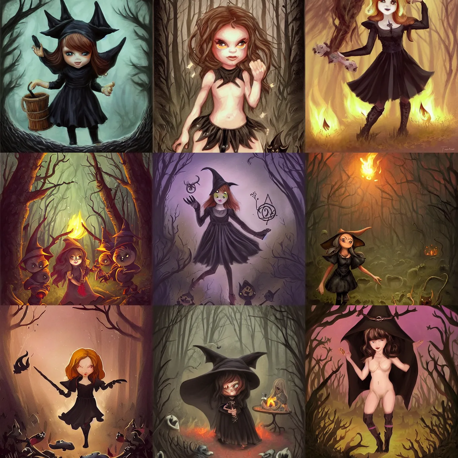 Prompt: several cute little witches wearing a black dress, dancing a satanic ritual around a fire in a dark forest, tiny, small, miniature animal, baby animal, shorts, pale black armor, cute and adorable, pretty, beautiful, dnd character art portrait, matte fantasy paint, deviantart artstation, by jason felix by steve argyle by tyler jacobson by peter mohrbacher, cinematic lighting
