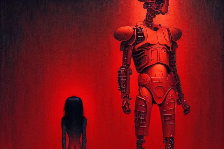 Image similar to only with red, a red cyborg samurai, tokio futuristic in background, some evil yokai, in the style of beksinski, parts by edward hopper, parts by rodcenko, parts by yue minjun, intricate and epic composition, red by caravaggio, insanely quality, highly detailed, masterpiece, red light, artstation, 4 k