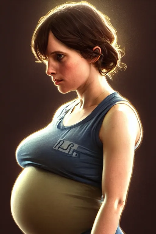 Image similar to pregnant jyn erso in a tank top, realistic portrait, symmetrical, highly detailed, digital painting, artstation, concept art, smooth, sharp focus, illustration, cinematic lighting, art by artgerm and greg rutkowski and alphonse mucha