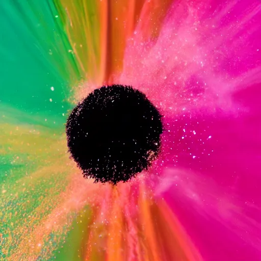 Image similar to A centered explosion of colorful powder on a black background